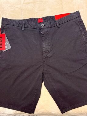 HUGO Black Men's Chino Shorts with Red Tag Detail